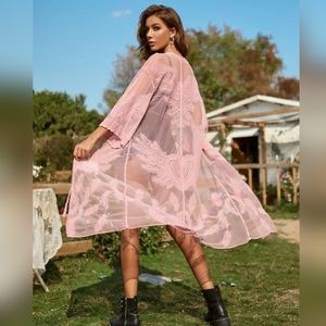 SHEIN Pink Mesh Tie Front Full Length Lace Kimono Cover Up